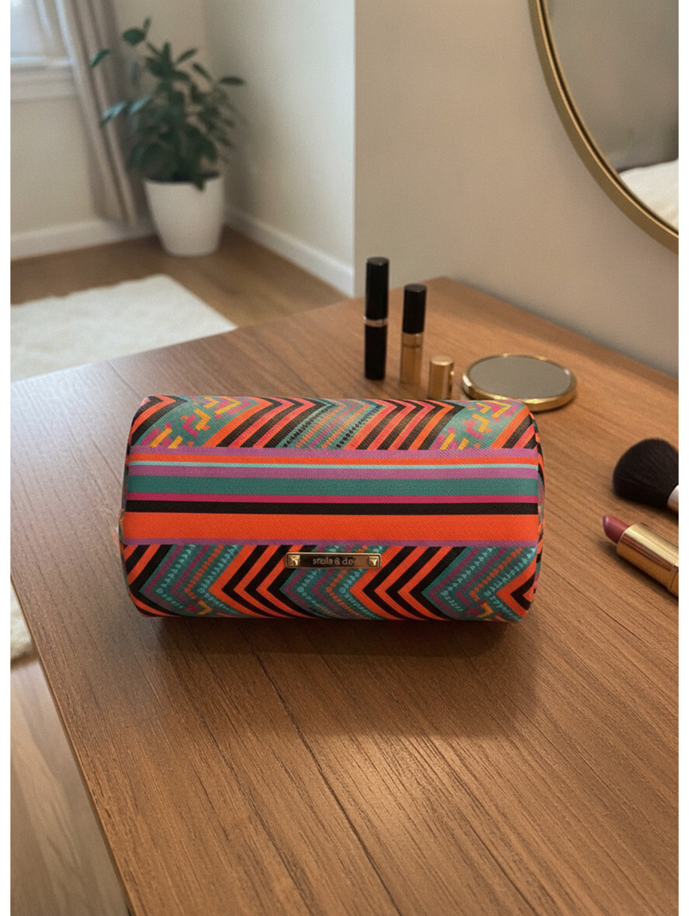 Stella & Dot | Frida Pouf Cosmetic Bag Travel Makeup Case Boho Aztec Print